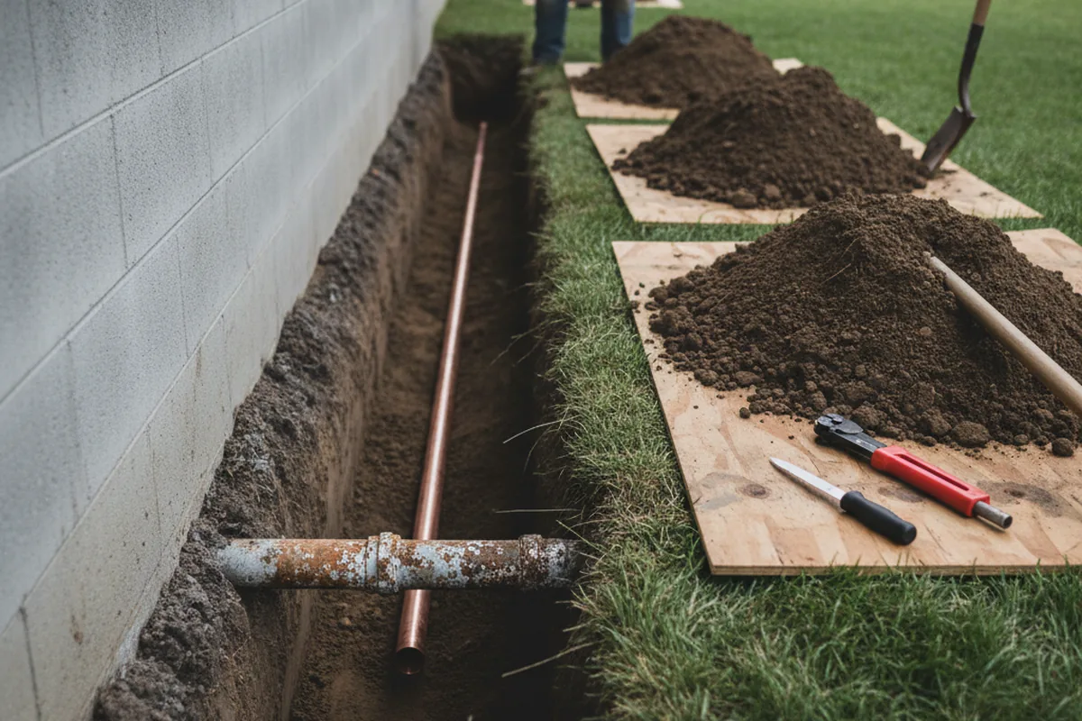 Excavated water line trench during Water Softener Installation in Hathorne
